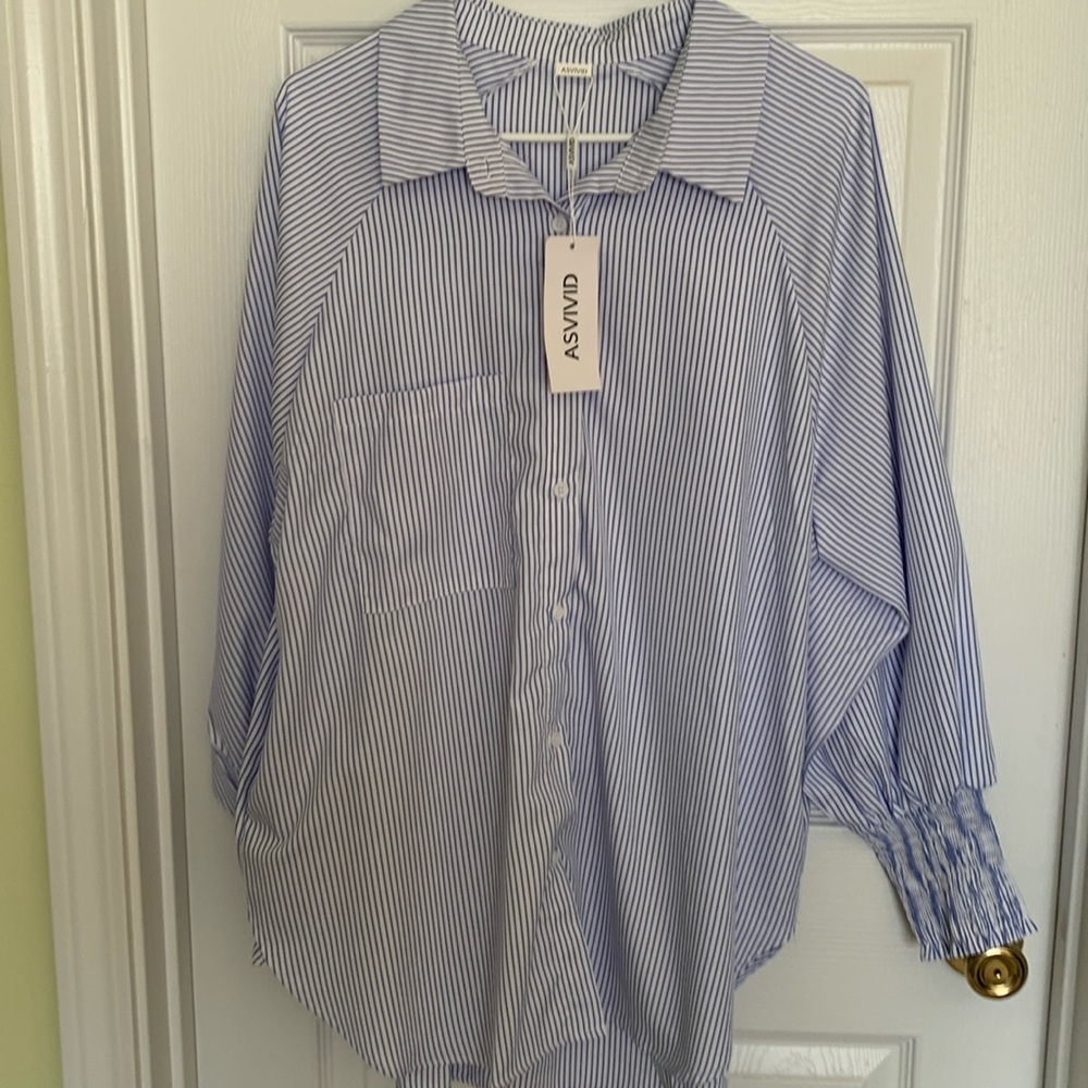 Soft blue and white striped extra large button up women’s shirt